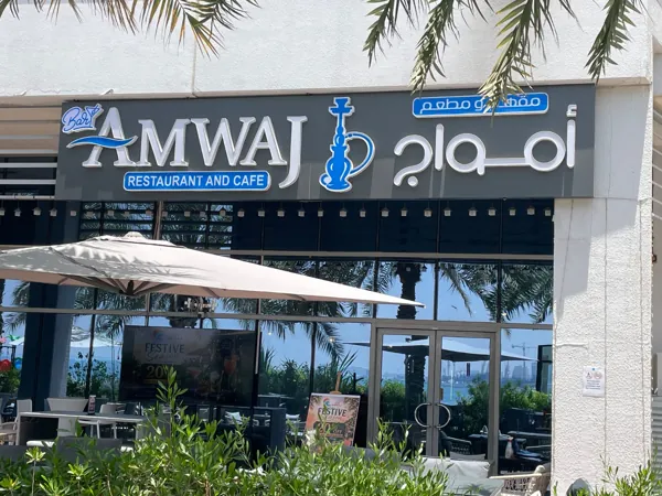 Among the palms · The Amwaj terrace